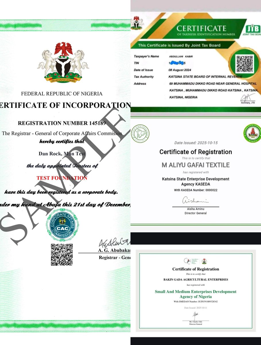 KabirAb09608423's tweet photo. CONTACT 07037141787:

FOR YOUR CAC REGISTRATION... TIN , KASEDA AND SMEDAN CERTIFICATE 💯✨ https://t.co/TvyxBJT2Jy