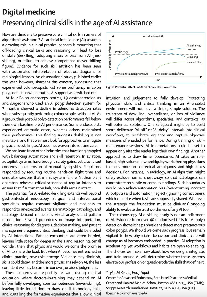Eric Topol (@erictopol) on Twitter photo Will A.I. lead to de-skilling of physicians?
And if so what can be done to preempt it?
<a href="/tberzin/">Tyler Berzin MD, FASGE</a> and I address this in a new <a href="/TheLancet/">The Lancet</a> piece
thelancet.com/journals/lance… Will A.I. lead to de-skilling of physicians?
And if so what can be done to preempt it?
<a href="/tberzin/">Tyler Berzin MD, FASGE</a> and I address this in a new <a href="/TheLancet/">The Lancet</a> piece
thelancet.com/journals/lance…