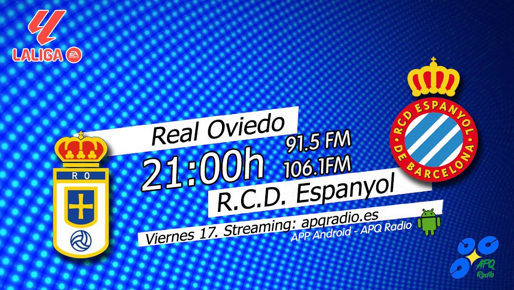 🔴HOY, EN LA BANQUETA DEPORTIVA🔴
🕘 21h (Previa desde las 20:45h)
🏟️ Carlos Tartiere
⚽️ <a href="/RealOviedo/">Real Oviedo</a> 🆚 <a href="/RCDEspanyol/">RCD Espanyol de Barcelona</a>  
🎙️ <a href="/PacoGranda/">Paco Granda</a>  | <a href="/Vicent_Alonso/">Vicente Alonso</a> 
📻 91.5 - 106.1FM Asturias
🖥️ apqradio.es
📱 bit.ly/3oFv0HI