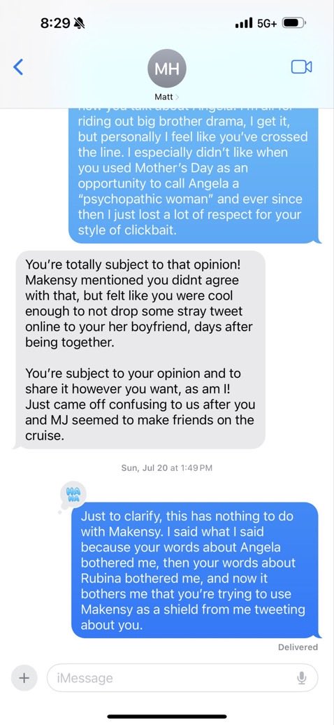 Recently deleted texts between Kat and Matt beefing about Angela #bb27