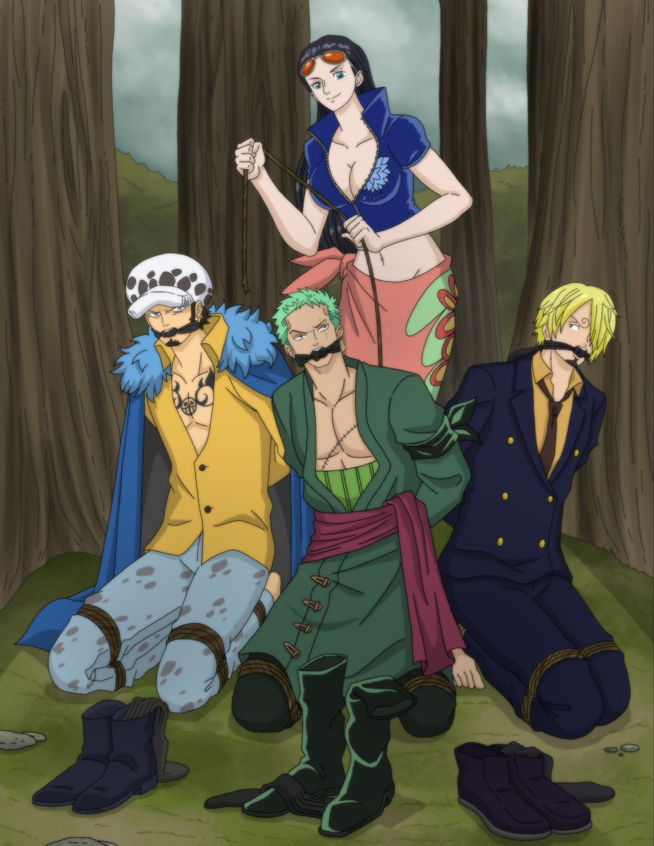A new commission; of: mine’s, (to be sure); featuring — Ms. Nico Robin, (by the bye); capturing: — &amp;, tying: up, (of course) — Mr. Roronoa Zoro, (by-&amp;-by; — from: One Piece, I declare); as well as: Messrs. Trafalgar D. Law &amp; Sanji, (in fact). 😉 
#ONEPIECE #RoronoaZoro