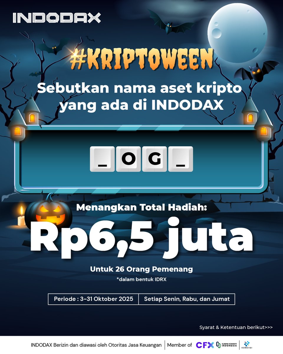 indodax's tweet photo. Tebak nama aset kripto yang ada di INDODAX ini yuk! Kira-kira apa ya?

Menangkan total hadiah Rp6,5 juta dalam bentuk IDRX buat 26 orang pemenang!

Liat syarat &amp; ketentuannya di slide 2 ya 

Periode: 3–31 Oktober 2025 (Setiap Senin, Rabu, dan Jumat)

#INDODAX #AsetMasaDepan https://t.co/TOLt31Kdfp