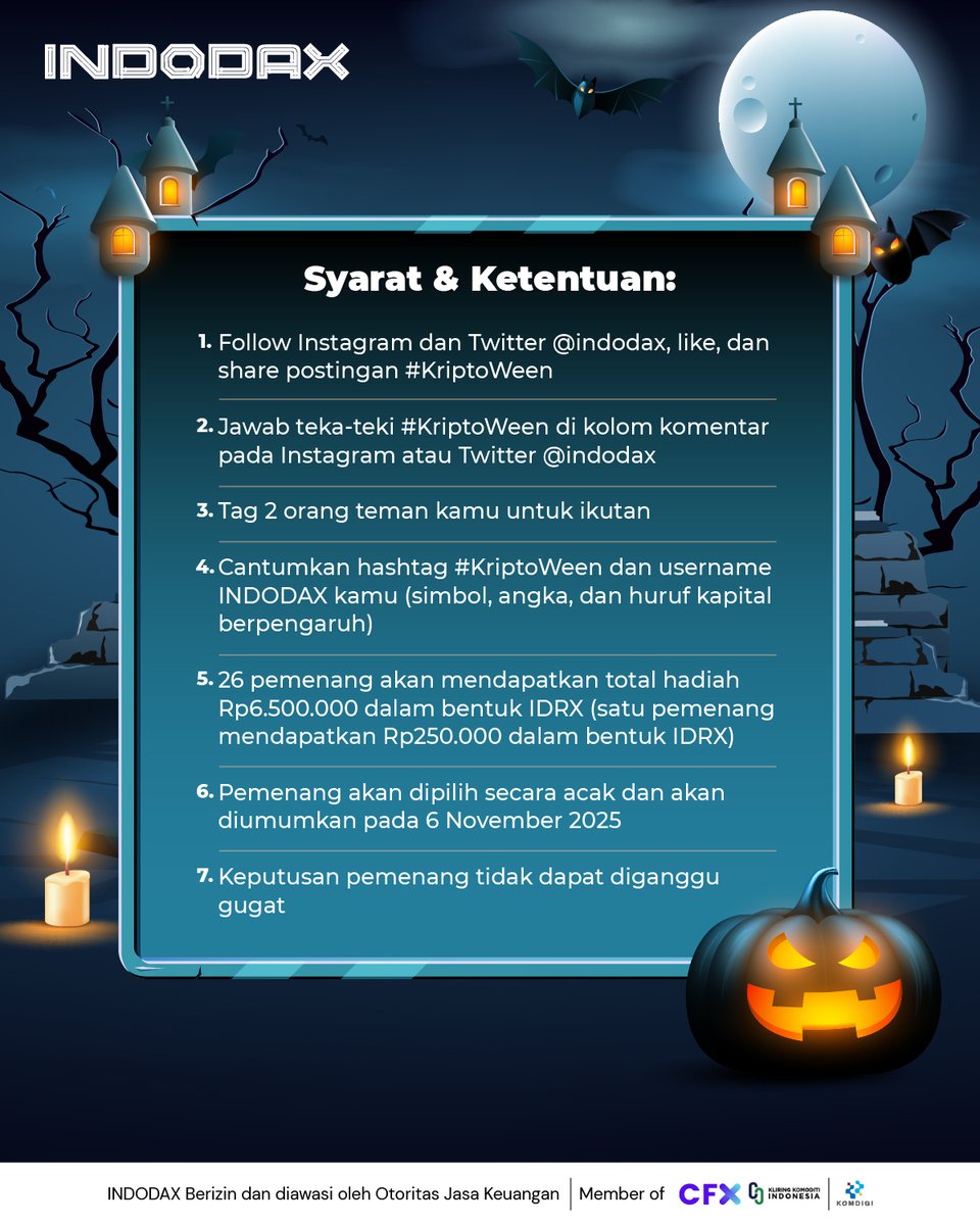 Tebak nama aset kripto yang ada di INDODAX ini yuk! Kira-kira apa ya?

Menangkan total hadiah Rp6,5 juta dalam bentuk IDRX buat 26 orang pemenang!

Liat syarat &amp; ketentuannya di slide 2 ya 

Periode: 3–31 Oktober 2025 (Setiap Senin, Rabu, dan Jumat)

#INDODAX #AsetMasaDepan