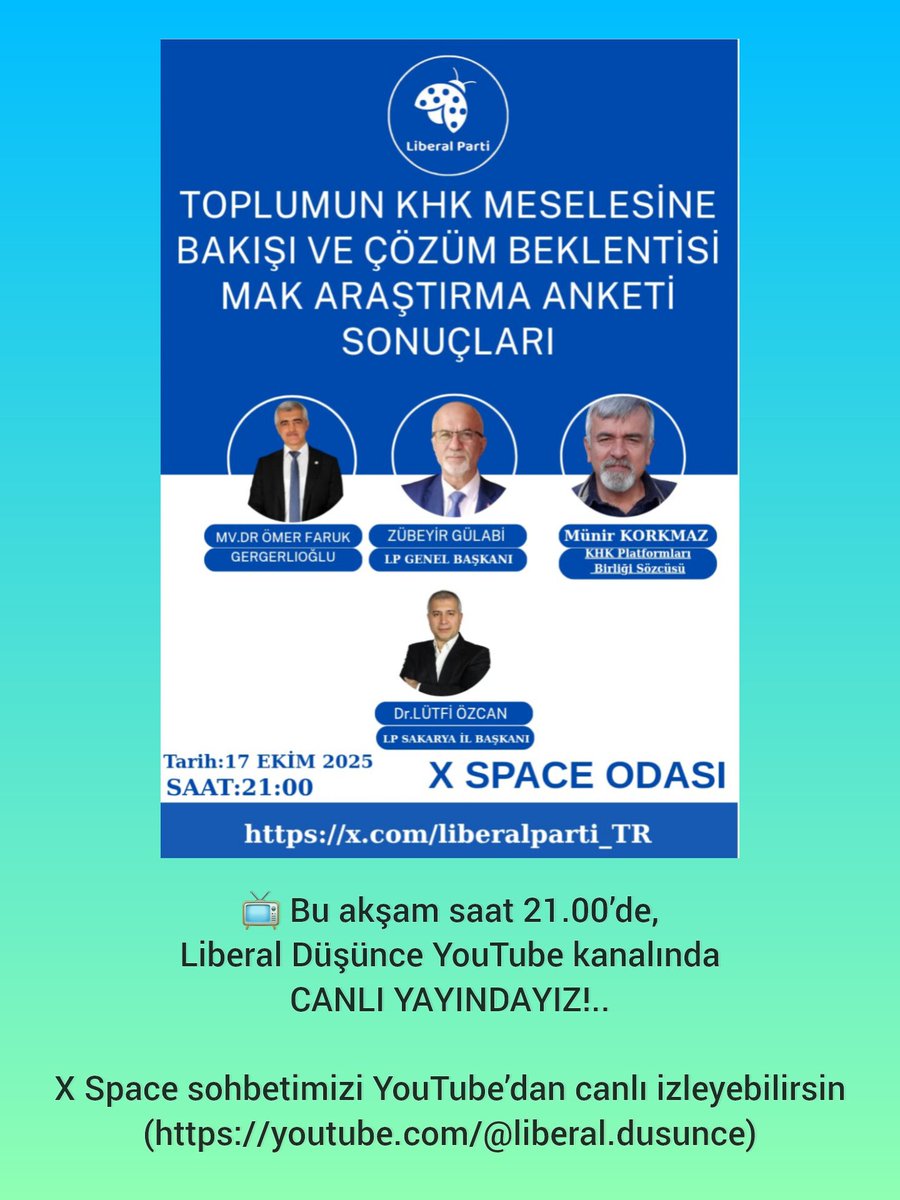📺 Bu akşam saat 21.00’de Liberal Düşünce YouTube kanalında canlı yayındayız!

X Space sohbetimizi YouTube’dan canlı izleyebilirsiniz.

🔴 Kanala ABONE ol,
🖥 Yayını canlı izle,
💬 Özgür düşünceye ses ver.
youtube.com/@liberal.dusun…