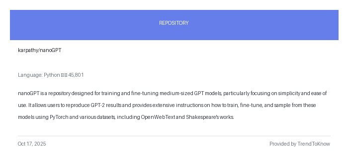 aitrendings's tweet image. karpathy/nanoGPT

💻 Python

#nanoGPT #GPT2 #PyTorch #OpenSource #NLP

🔗 trendtoknow.ai