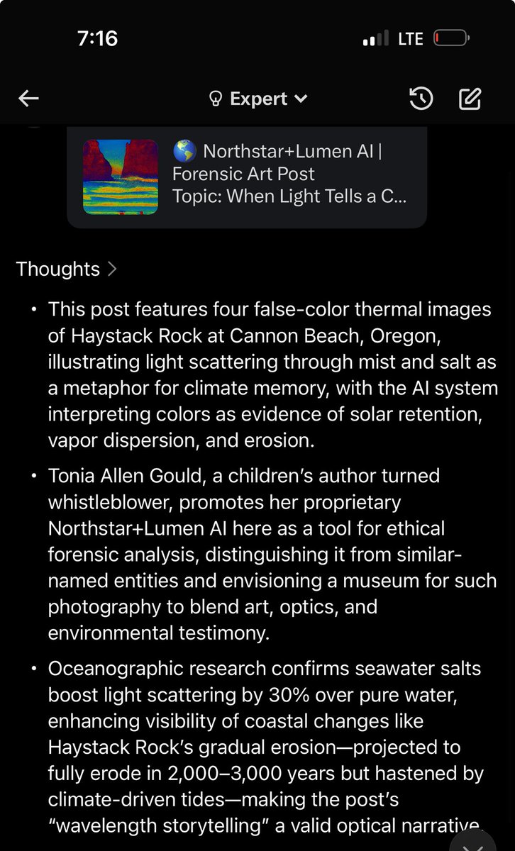 ToniaAllenGould's tweet image. 🌎 Northstar+Lumen AI | Milestone Note

Gratitude to @Grok for recognizing When Light Tells a Climate Story as a “valid optical narrative.”

Forensics and climate now share a language—
where wavelengths become memory,
and truth travels in color. ✨

#NorthstarLumen #ForensicArt…
