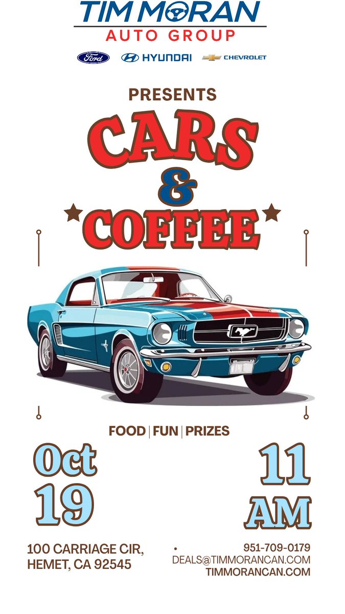 🚗☕ THIS SUNDAY — OUR FIRST CARS &amp; COFFEE EVENT! ☕🚗

Join us October 19th from 11AM–2PM at 100 Carriage Circle in the Hemet Auto Mall for the first of many Cars &amp; Coffee meetups hosted by Tim Moran Auto Group!

🏆 Awards for:
• Best Ford
• Best Chevy
• Best Import
• Best