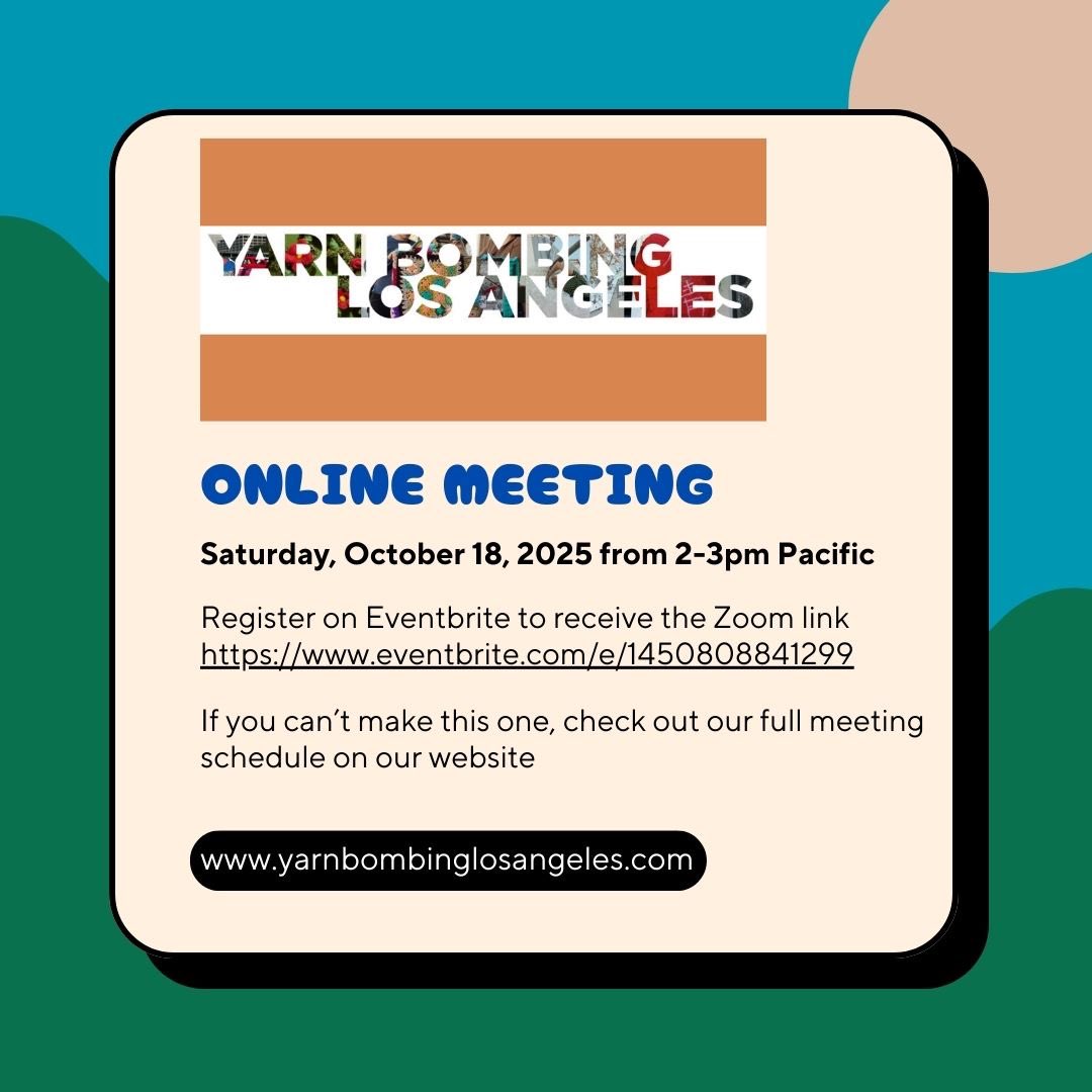 YarnBombingLA's tweet photo. Join Yarn Bombing Los Angeles
Saturday October 18, 2-3pm to catch up with our community.

Register on Eventbrite to receive the Zoom link

https://t.co/Z1d6fxFFOz

If you can’t make this one, check out our full meeting schedule on our website
https://t.co/BzGjWIpbZ8 https://t.co/MGWmuItMbl