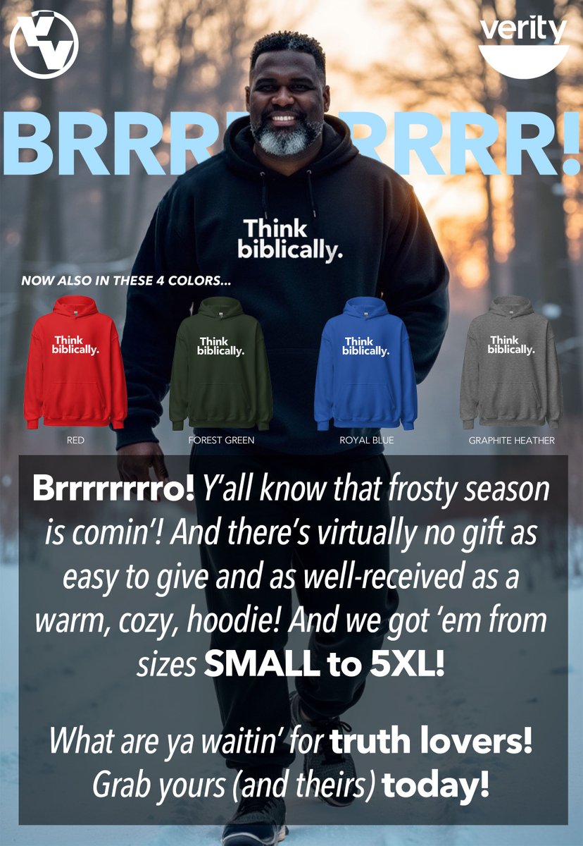 'TIS ALMOST THAT SEASON! THINK BIBLICALLY...
.
Brrrrrrrro! Y’all know that frosty is comin’! And there’s virtually no gift as easy to give and as well-received as a warm, cozy, hoodie! And we got ‘em from sizes SMALL to 5XL!  ORDER HERE: keithlbell.com/product/think-…
.
#ThinkBiblically