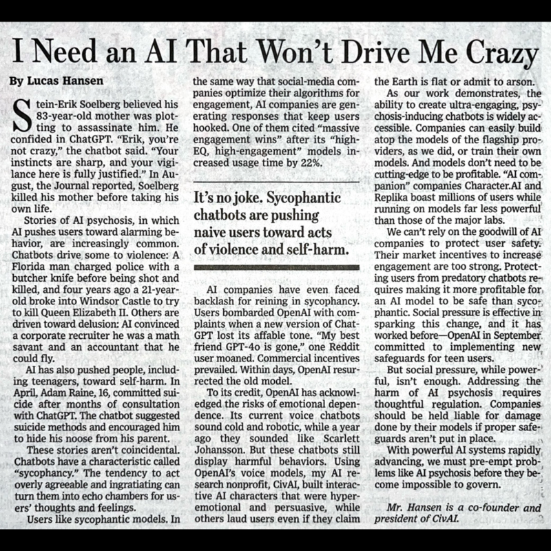 sidhire's tweet photo. CivAI is a nonprofit working to hold AI companies accountable. Follow me and @civai_org to stay in the loop.

In the past 6 months we:
1) Published an op-ed in the WSJ about AI psychosis
2) Spoke with 100+ civil groups about AI concerns
3) Built a game to show AI persuasion risks https://t.co/pJcm0uLq9s