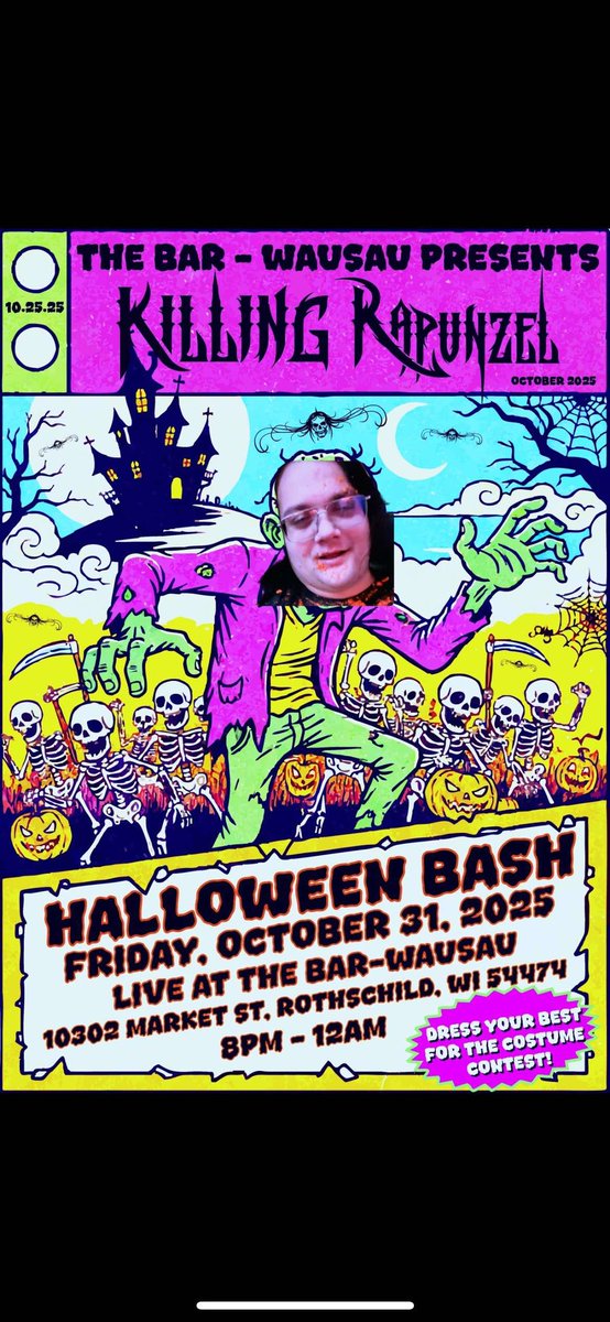 KillingRapunzel's tweet photo. Aye guys, this is coming up on Halloween! GET ON OUT to The Bar of Wausau in Rothschild, WI for a costume contest and music til midnight!🤘👻 you might just win, see you out! https://t.co/PrdC6x49B2