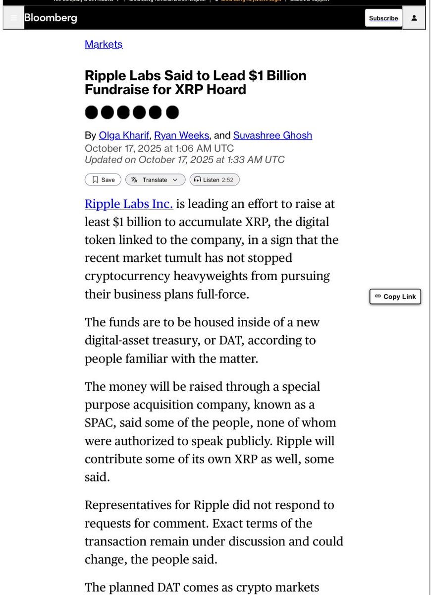 Bloomberg Reporting Ripple Labs seen leading $1 billion fundraise for $XRP  stockpile. Please confirm (DYOR) Source 1 https://t.co/dE9FV6hYYI Source 2  https://t.co/zQPMilEPfe