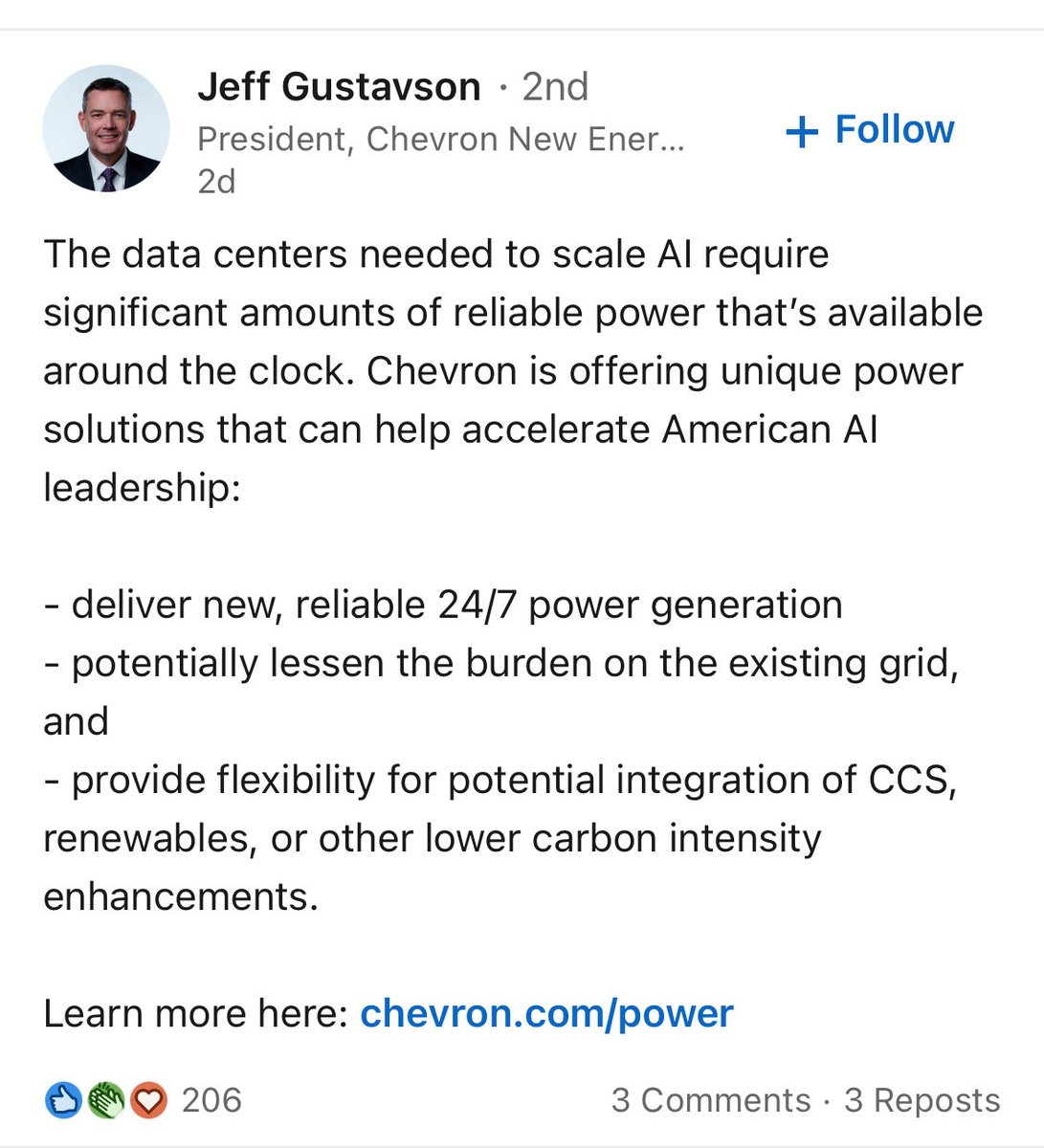 The president of $CVX is promoting islanded data center solutions on LinkedIn and your still bullish on data centers going off grid?