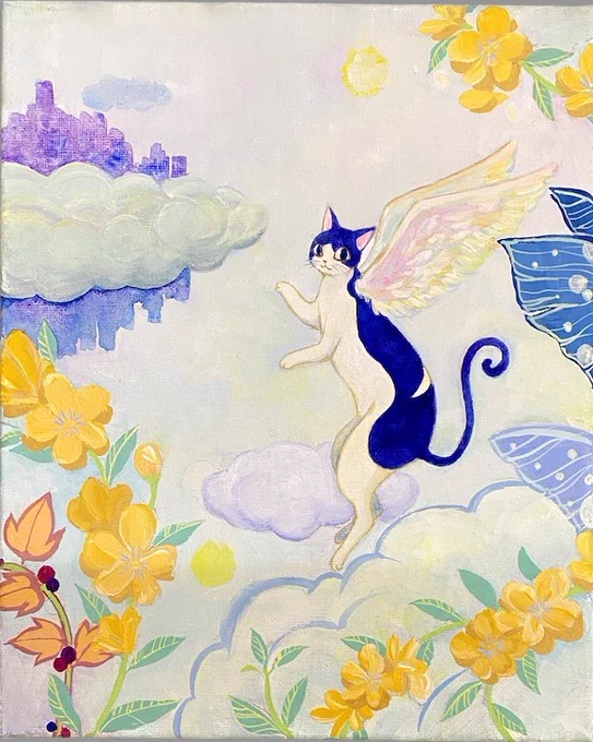 お気に入りの絵を紹介させてください 虹の橋の向こうの世界をテーマに描いているシリーズがあるのですが、これは9枚のF3キャンバスを合わせて一枚の絵になるよう描いたものです #虹の橋の向こう #かぎしっぽのタマ 1/4