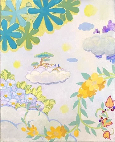 お気に入りの絵を紹介させてください 虹の橋の向こうの世界をテーマに描いているシリーズがあるのですが、これは9枚のF3キャンバスを合わせて一枚の絵になるよう描いたものです #虹の橋の向こう #かぎしっぽのタマ 1/4
