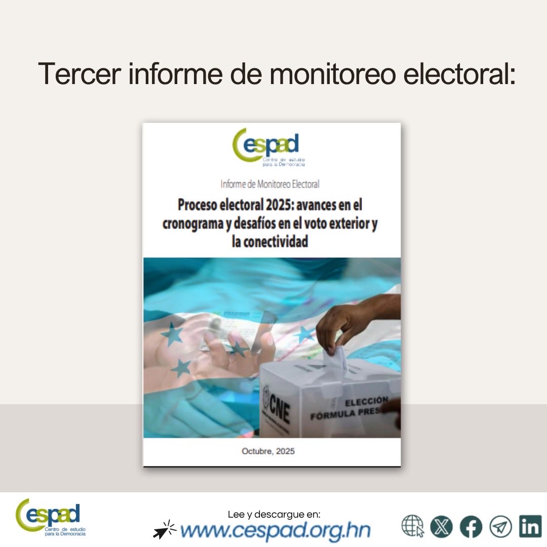 ¡El Tercer Informe de Monitoreo Electoral del CESPAD, ya está disponible!

Nuestros hallazgos destacan:
Avances en el censo, pero persisten brechas normativas (voto exterior) y riesgos de conectividad clave para la transmisión de resultados.

Equidad en riesgo: la regulación de