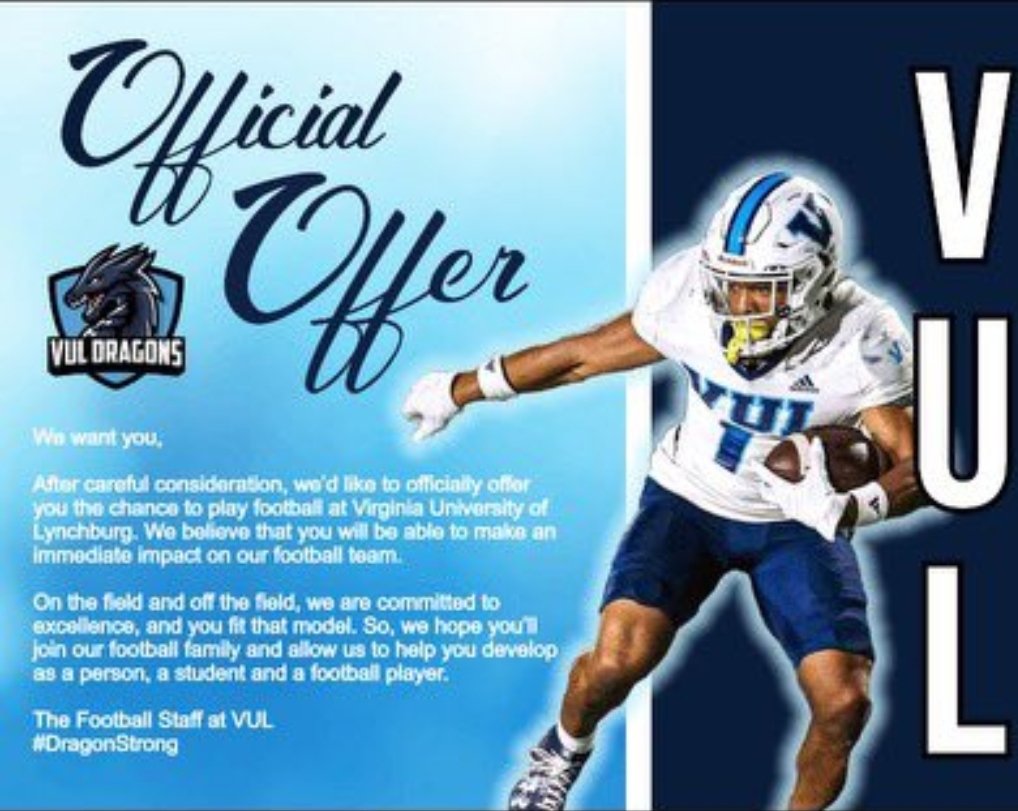 After a great conversation with <a href="/VUL_AD/">VUL_Athletic_Director</a> <a href="/TNewamn/">Head Football Coach VUL Tim Newman</a>, I'm BLESSED to receive my FIRST official offer from Virginia University of Lynchburg!!! Lets Go Dragons!! #AGTG <a href="/FootballVul/">VUL Football</a> <a href="/CharlesSBrooks/">Charles Brooks</a> <a href="/APKCoach_Neeson/">Coach Neeson</a> <a href="/CoverApk/">Cover The Field -Apopka</a>