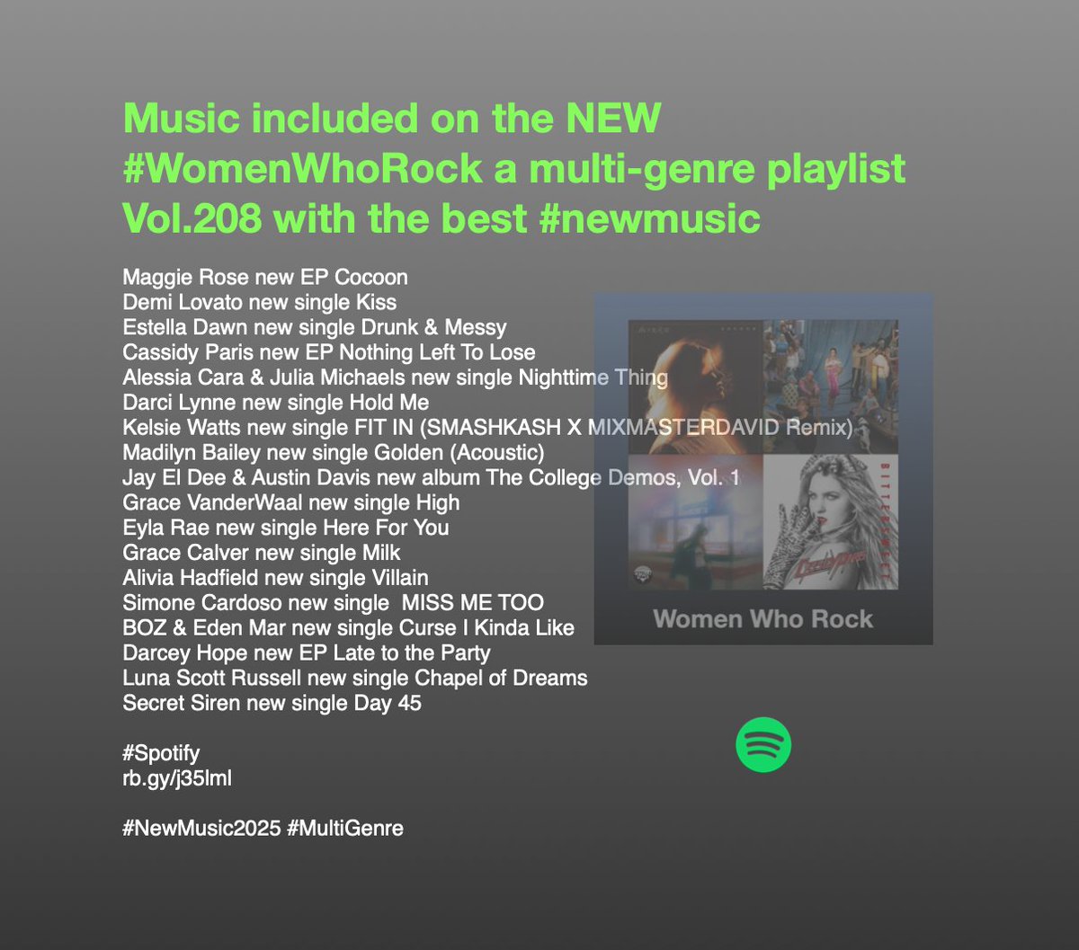 ScottKash88's tweet photo. Music included on the NEW #WomenWhoRock a multi-genre playlist Vol.208 with the best #newmusic 
@alessiacara/@juliamichaels
@ItsDarciLynne
@kelsiewatts
@madilynbailey
@JayElDeeMusic
@GraceVanderWaal
@GraceCalver_
@imsimonecardoso
@abbiejboswell
@darceyhopemusic
@lunascottrussel https://t.co/pLr46fF3Qq