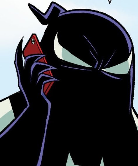 "...I guess ya could say that. Otherwise I'm either a cute little walking thing or...slimy."

Venom sat down as well, staring at his massive size still.