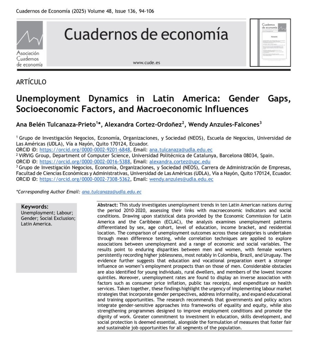 anitabelen995's tweet photo. 🚨 Proud to share our recent article published in Cuadernos de Economía
Key insight: persistent #gender gaps and structural barriers shape #unemployment in #LatinAmerica 
Grateful for the support of my coauthors and @UDLA_Ecuador @UDLA_Investiga 

https://t.co/eJqF9q4LnN https://t.co/yNJiIhSZP3