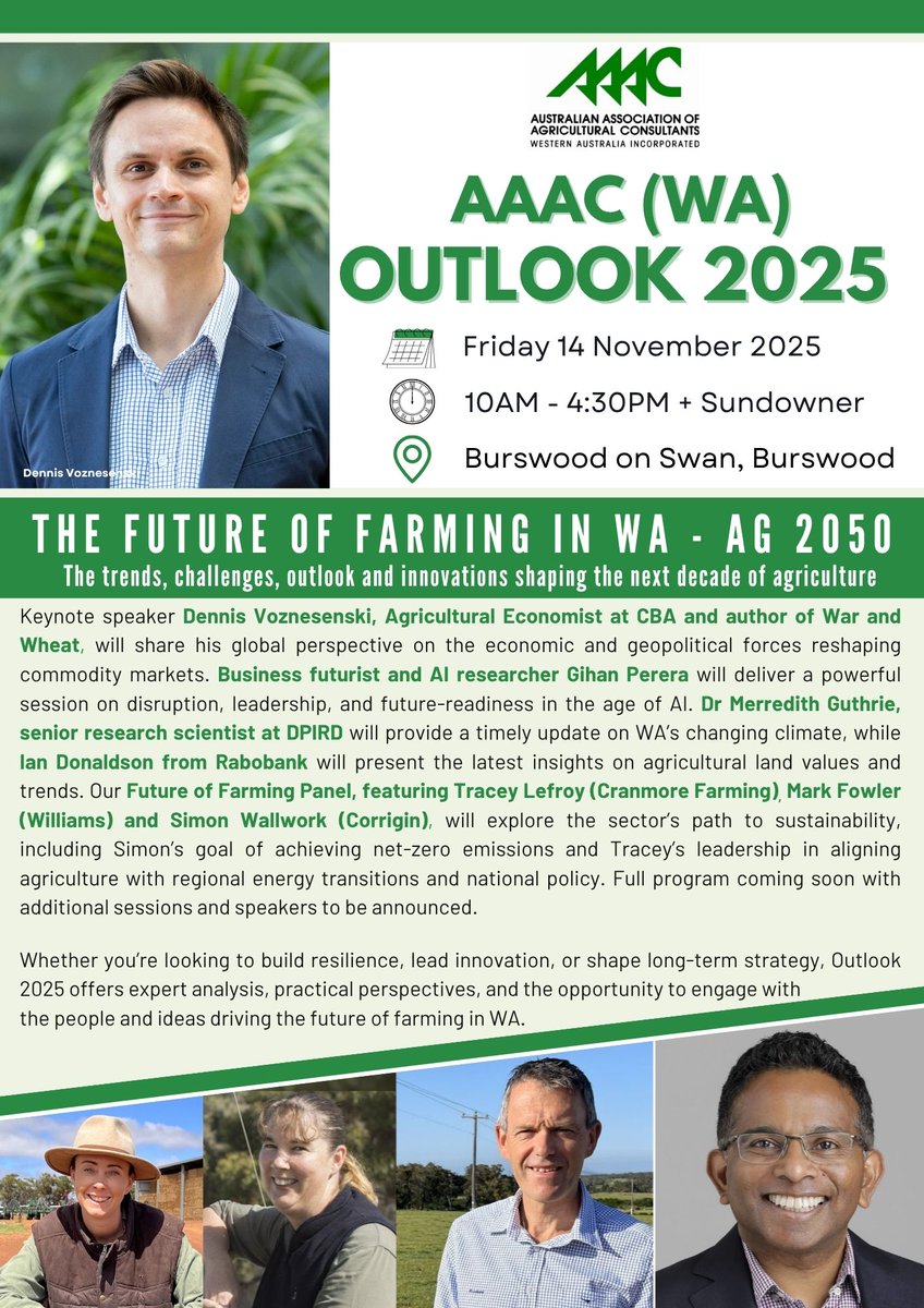 Registrations are now open for this year's OUTLOOK Conference: The Future of Farming in WA - Ag 2025

📅 Fri 14 Nov 2025 
⏰ 10am – 4:30pm
📍 Burswood on Swan, Burswood

Early bird registrations open until 31 Oct trybooking.com/DATYE

#Ag2050 #WAag #FutureFarming #Outlook2025