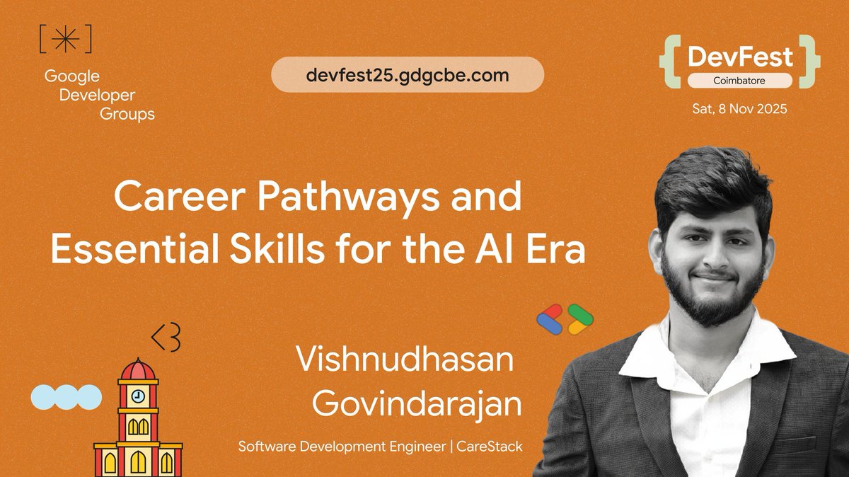 Join Vishnudhasan Govindarajan from CareStack at DevFest 2025 Coimbatore! He'll be sharing a guide on the "Career Pathways and Essential Skills for the AI Era" to help you get ahead.

Register now: theticket9.com/book/devfest-c…

#DevFest2025 #GDGCoimbatore