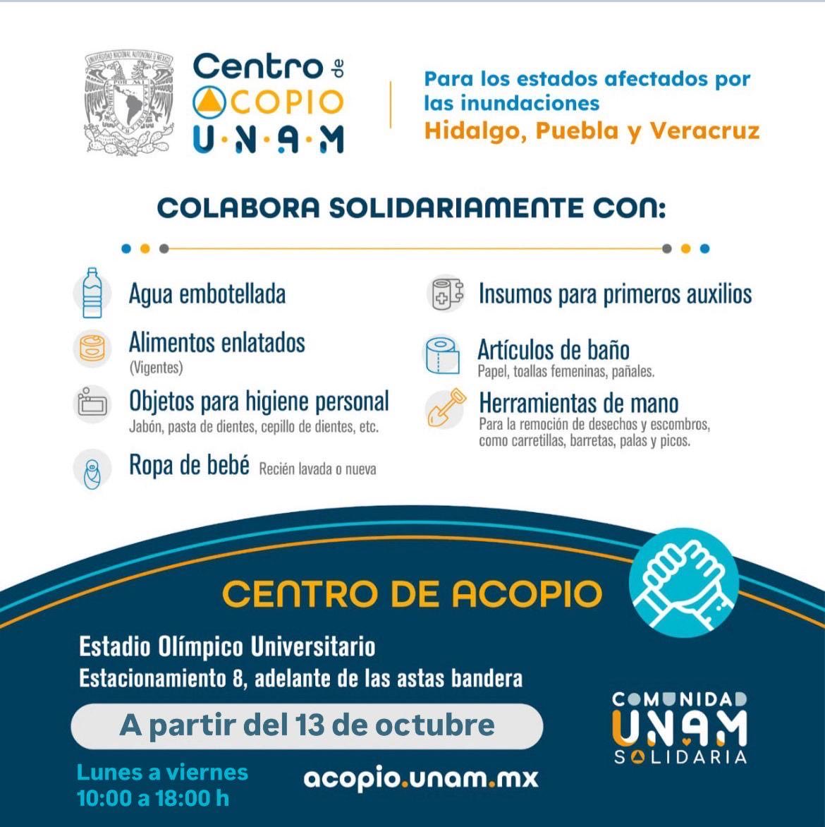 fciencias's tweet photo. 🤝 Apoya a las comunidades afectadas por las inundaciones en Hidalgo, Puebla y Veracruz.
📍 Centro de Acopio UNAM, Estadio Olímpico Universitario
🕙 Lunes a viernes, 10:00–18:00 h
🌐 https://t.co/8sTMC8ZN3I
#UNAMSolidaria #ComunidadUNAM #SomosCiencias https://t.co/KYcoMLZpVm
