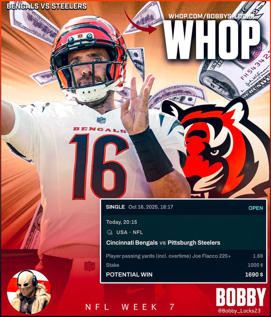 SWEAT FREE 3Q CASH.

Joe Flacco 225+ Yards (-145) 10u ✅

Whop.com/bobbylocks 💫💫