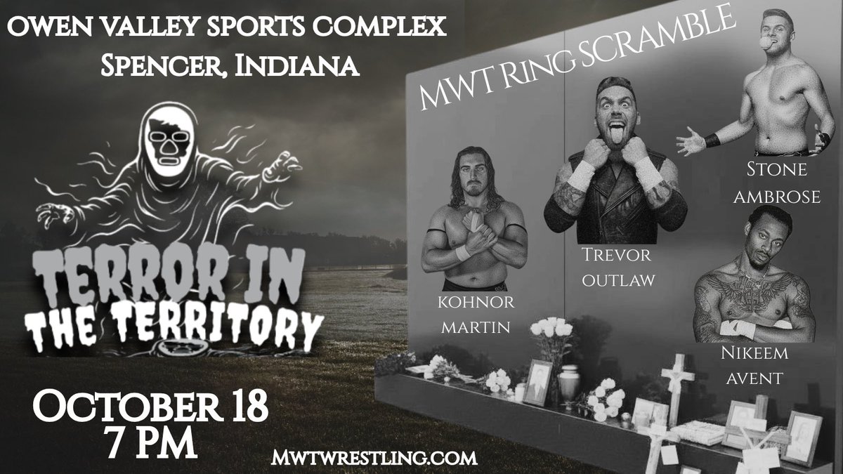 mwtwrestling's tweet image. This Saturday in Spencer, IN.
The new MWT Scramble Series kicks off at #MWTerror. Every show will crown a new MWT Ring holder, making them #1 contender for the MWT Championship Chain at the next show.

📆10/18 ⏰7 PM 📍OVSC- Spencer, IN
🎟️ buytickets.at/midwestterrito…