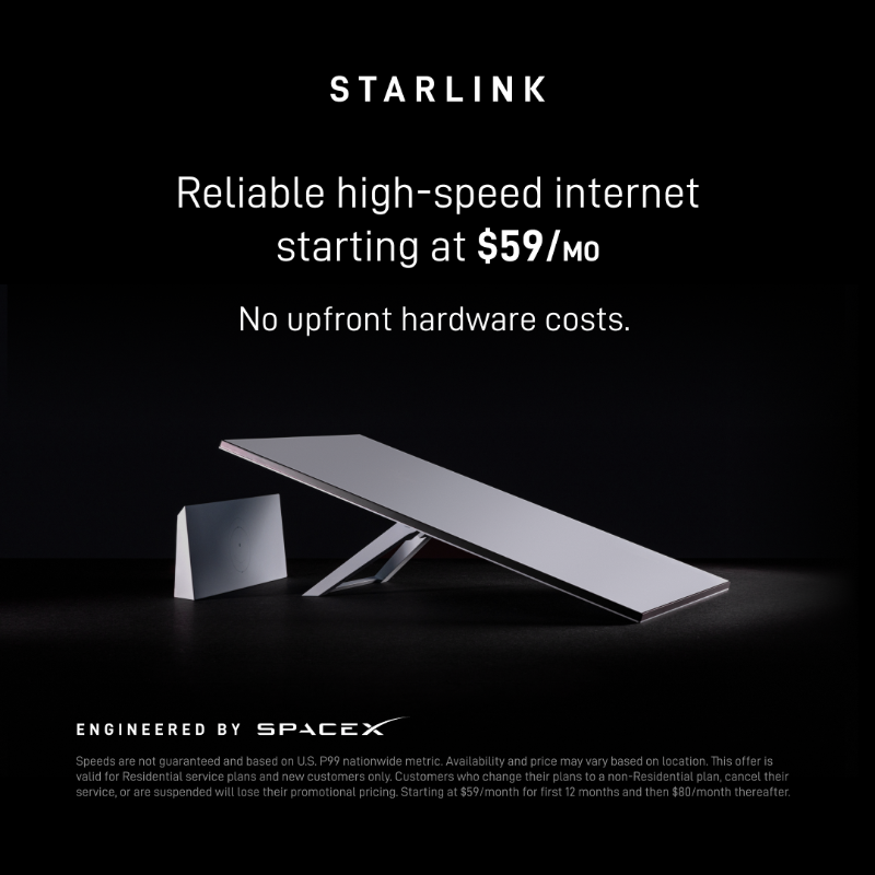 Starlink's tweet photo. Starlink offers free professional setup with no upfront hardware cost. Get connected with fast, reliable internet for streaming, video calls, online gaming and more.

Speeds up to 400+ Mbps. 

Order online in minutes.