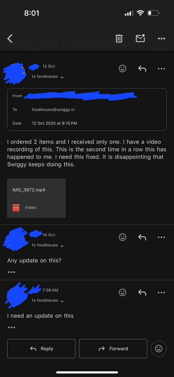 vanithashok1's tweet photo. @Swiggy @SwiggyCares @Swiggy @SwiggyCares Her emails to the other account went unanswered. Frustrated, she raised a new complaint on Swiggy, as the previous one couldn't be reopened—but that too was closed mid-conversation. Incredibly rude. Hope #Swiggy checks this and does the needful
#BadService https://t.co/IzhGSZsPHp
