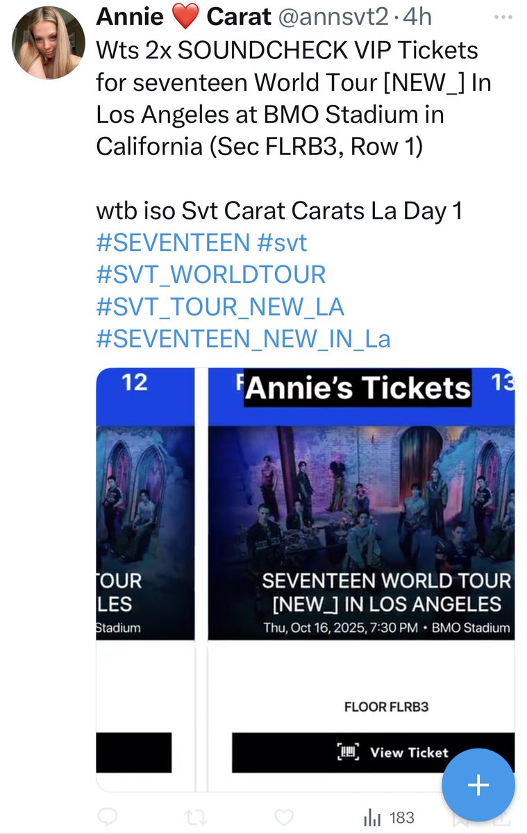 Buyers beware!!!!
Two weeks ago this person was presenting herself as a #MOA selling #TXT tickets. I was SCAMMED. She changed her name from @/anniehoward24 and blocked me after getting my money. Now has #CARAT in her name but profile pic is the same.
