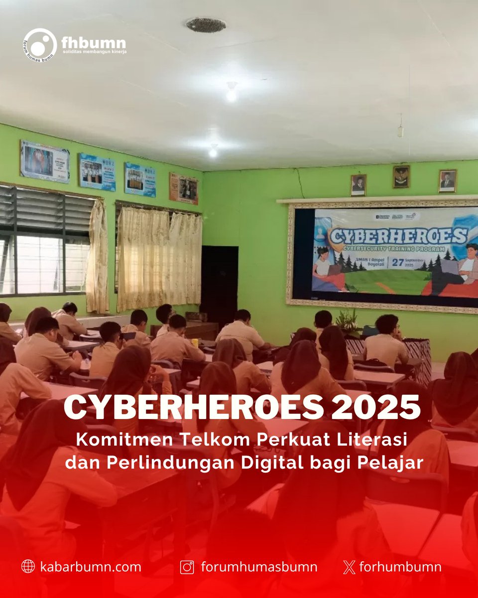ForHumBUMN's tweet image. Melalui CYBERHEROES, Telkom berupaya menumbuhkan kesadaran dan ketahanan digital di kalangan pelajar lewat pendekatan edukatif yang interaktif dan menyenangkan. Cyberheroes 2025 ini lahir dari kesadaran bahwa internet kini bukan sekadar sarana hiburan, melainkan ruang kehidupan.