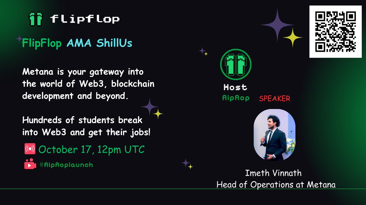 ✨ShillUs✨
FlipFlop meets Metana, the career-focused tech bootcamp that’s helped hundreds break into Web3 with a job guarantee.

Join our AMA to learn how Metana brings developers into blockchain and Web3.
October 17 at 12pm UTC x.com/i/spaces/1nAJE…

Don’t miss this chance to