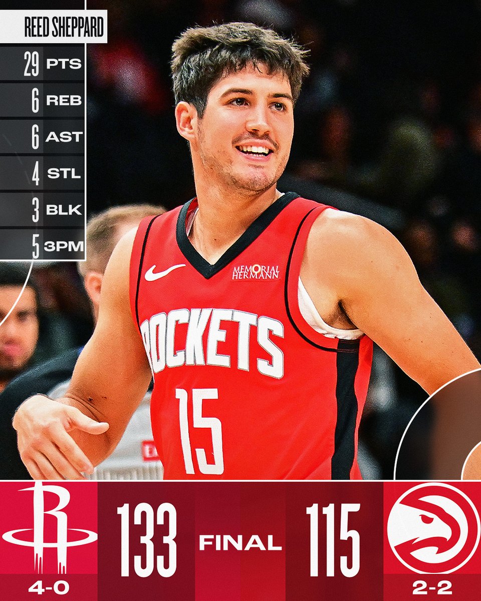 🏀 THURSDAY'S FINAL SCORES 🏀

Reed Sheppard stuffs the stat sheet in the @HoustonRockets' final preseason action!

Josh Okogie: 28 PTS, 3 BLK
Isaiah Crawford: 20 PTS, 9 REB, 4 3PM
Kristaps Porziņģis: 23 PTS, 13 REB
Trae Young: 12 PTS, 7 REB, 10 AST  