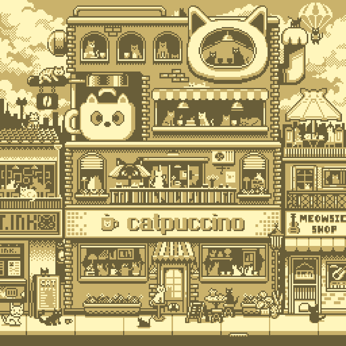 Day #799: Catpuccino
Yesterday I painted the top of the building to look like a coffee maker — it’s a spot where all the cats can sit and enjoy their coffee. 😻 ❤️ ☕

Open Mint 13 Hours Left on <a href="/basepaint_xyz/">BasePaint</a> 
basepaint.xyz/mint