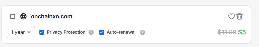 Catching up with the wave on the "onchain" trend.
(Clear "onchain" keyword with a cool, brandable suffix, "xo")
#onchain #domains #web3