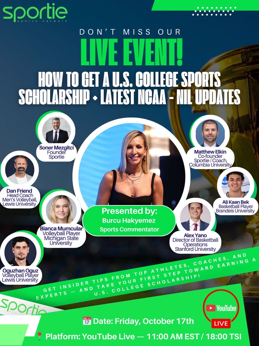 sportie_co's tweet image. 🌟 Don’t Miss Our Live Event! 
Watch on Our Youtube channel! @sportie_official

Topic: How to Get a U.S. College Sports Scholarship + Latest NCAA &amp;amp; NIL Updates

Date: Friday, October 17th

Platform: YouTube Live — 11:00 AM EST / 18:00 TSI

youtube.com/watch?v=s7oYxd…