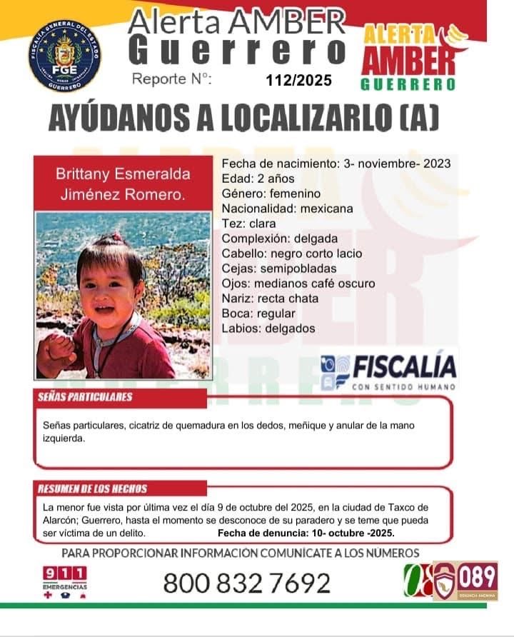 #AlertaAmberGuerrero 
#911Guerrero solicita su colaboración para la difusión y localización de la menor: 
Brittany Esmeralda Jiménez Romero.
 
Para proporcionar información favor de llamar al número 911 

#AlertaAmberGuerrero
#911