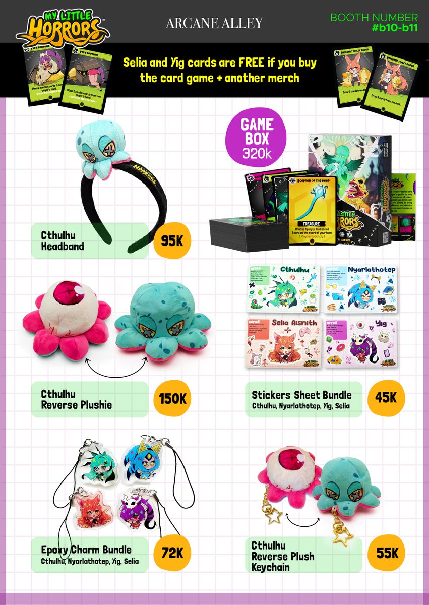 Selia’s merch with <a href="/mylilhorrors/">My Little Horrors</a> 

📍 Booth number: b10-b11 
🗓️ 17 - 19 October 2025
🏠 Brickhall Fatmawati City Center

#ArcaneAlley #ArcaneAlley2025
