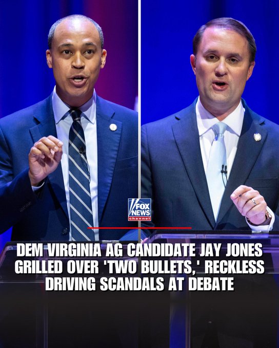 ErinStevens1026's tweet photo. UNDER PRESSURE: Democratic candidate for Virginia attorney general Jay Jones was asked why voters should trust his judgment following revelations of politically violent rhetoric he made in 2022 about wanting to kill his GOP rival and a reckless driving conviction. https://t.co/OTb5YEiitD