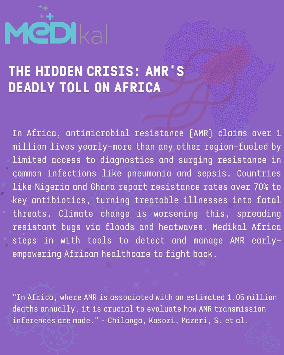Antimicrobial resistance is a silent global emergency. 
At Medikal Africa, we’re building intelligent tools to detect resistance early, guide smarter antibiotic use &amp; save lives.
Data. Science. Purpose.
Let’s build a healthier, data-driven Africa.
#AMR #MedTech
