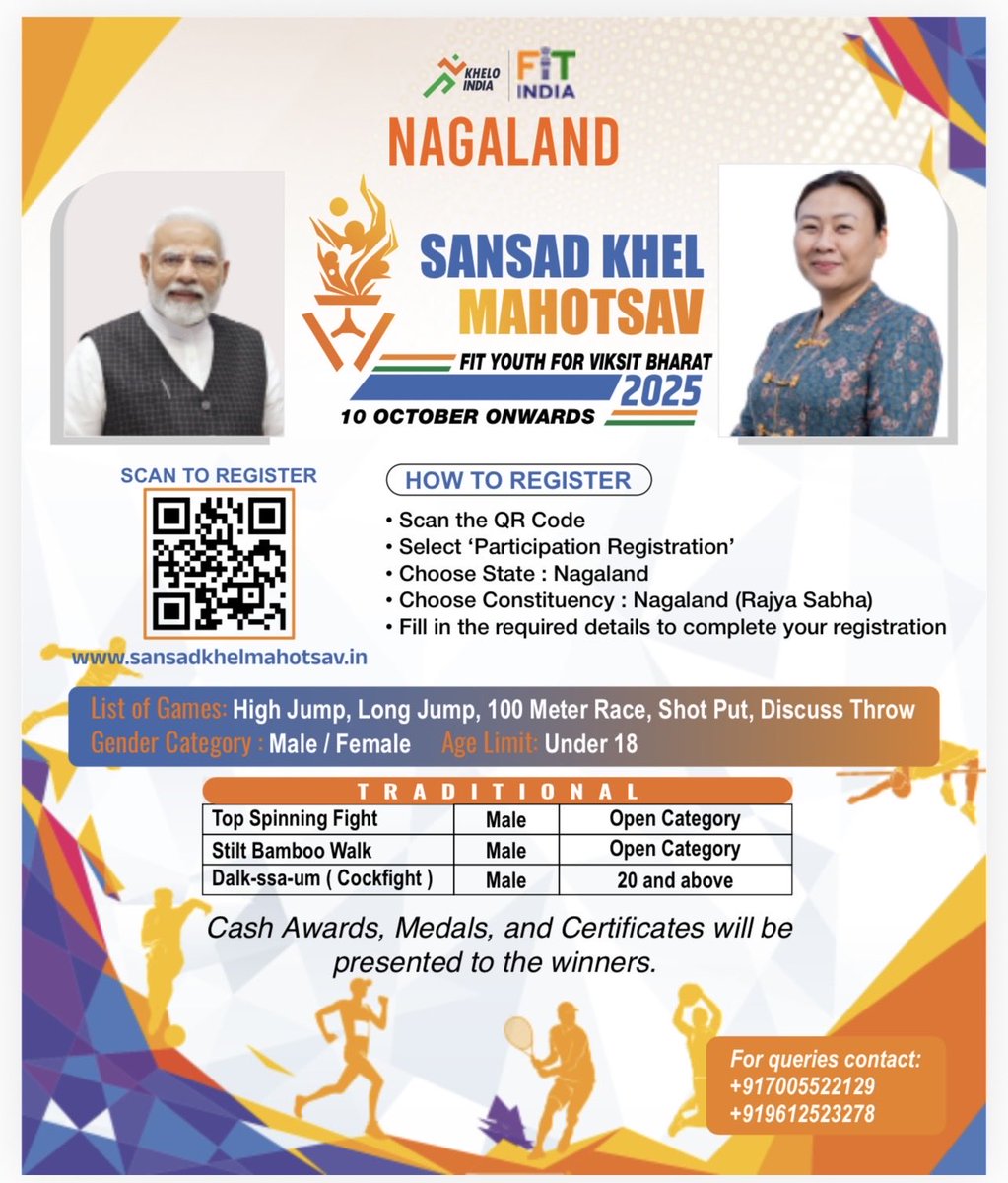 𝐒𝐚𝐧𝐬𝐚𝐝 𝐊𝐡𝐞𝐥 𝐌𝐚𝐡𝐨𝐭𝐬𝐚𝐯 𝟐𝟎𝟐𝟓 𝐍𝐚𝐠𝐚𝐥𝐚𝐧𝐝

Aligned with the vision of #FitIndia, the Office of the Member of Parliament (Rajya Sabha), Nagaland, in collaboration with the District Administrations, will be organizing the #SansadKhelMahotsav across all