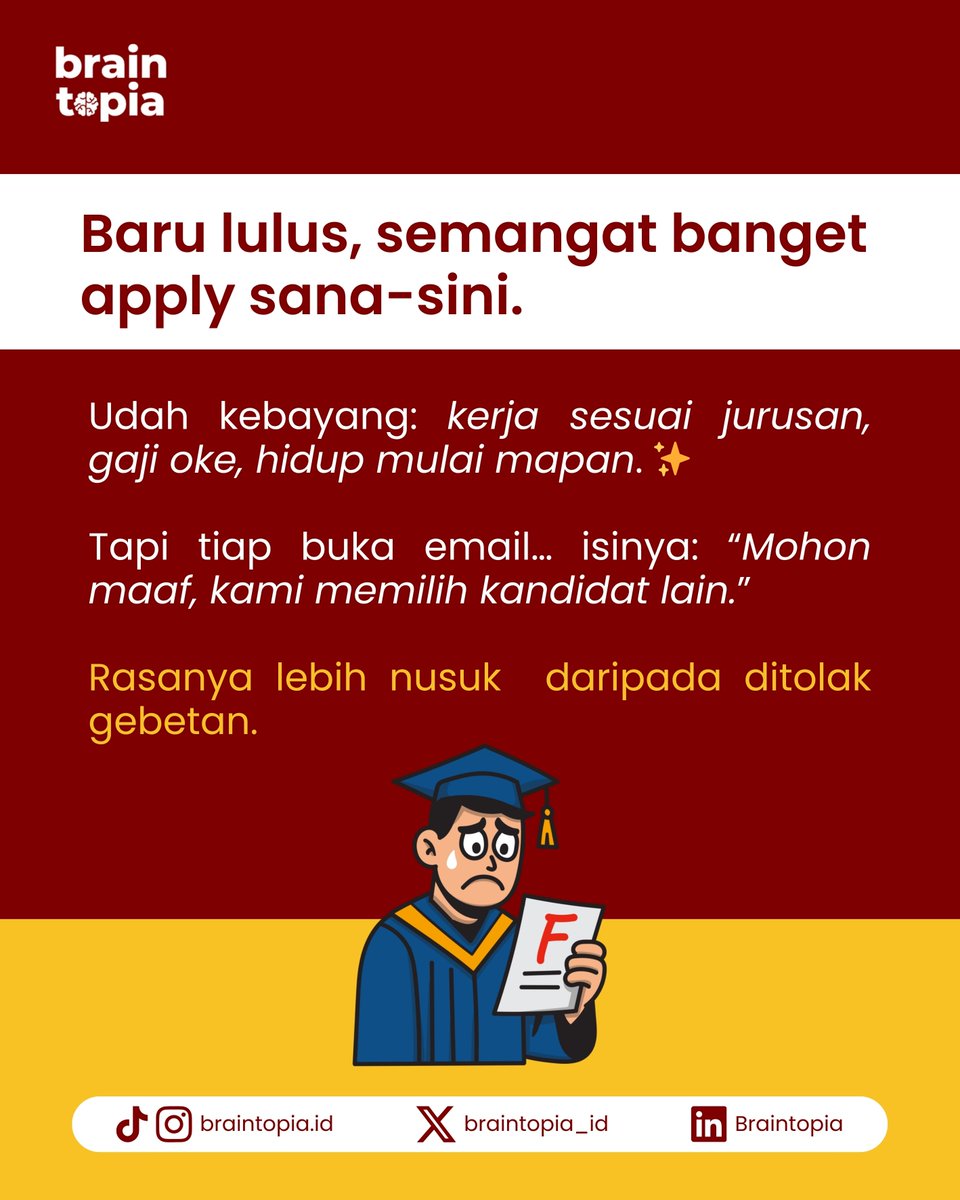 braintopia_id's tweet photo. Kerja pertama jarang sesuai ekspektasi. Apply ditolak, akhirnya diterima eh, kerjaan numpuk, gaji pas-pasan, mental diuji.

👉 Gimana cerita kerja pertamamu? Drop di komen!
#RealTalkKerja #FreshGradLife #JobseekerJourney #Braintopia https://t.co/JCARoP28wj