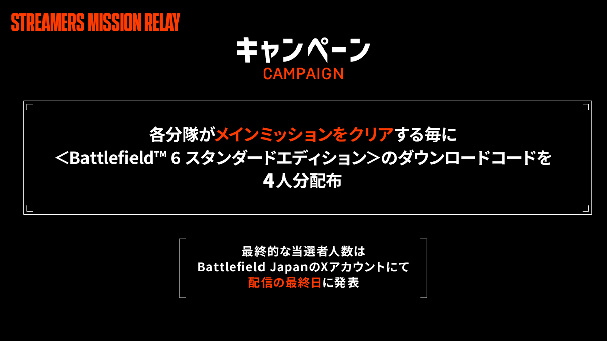 #Battlefield6 STREAMERS MISSION RELAY
◤3DAYSリレー配信◢

ストリーマーによるミッションクリア数に応じて抽選で「Battlefield 6™スタンダードエディション」の
ダウンロードコードを贈呈。

📝応募方法
①本アカウントをフォロー
②本投稿をリポスト

⏰応募期間
10月20日(月)12:00まで