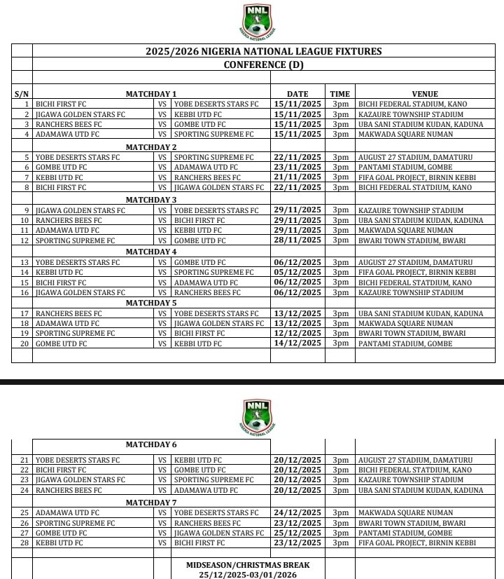 Nigeria National League set to kickoff.
Round one Fixtures for Conference (C) &amp;(D)
Date:📅 8th November, 2025.