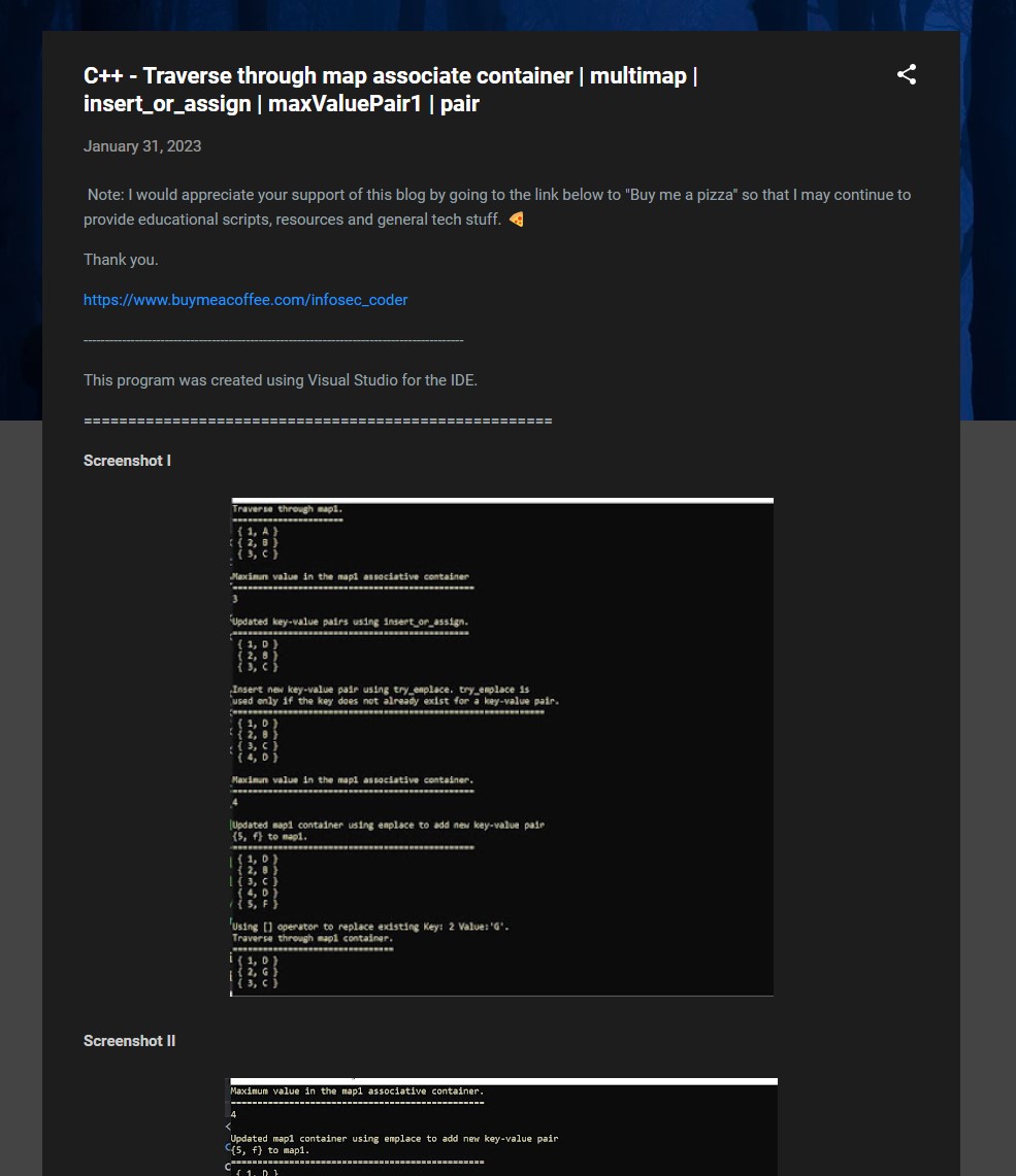 infosec_coder's tweet image. 💥 🛠️ C++ project 🛠️ 💥
#100DaysofCode #infosec #linux #webdev #devops #devsecops #database
Traverse through map associate container | multimap | insert_or_assign | maxValuePair1 | pair
coder1life.blogspot.com/2023/01/c-trav…
❤️ tech life