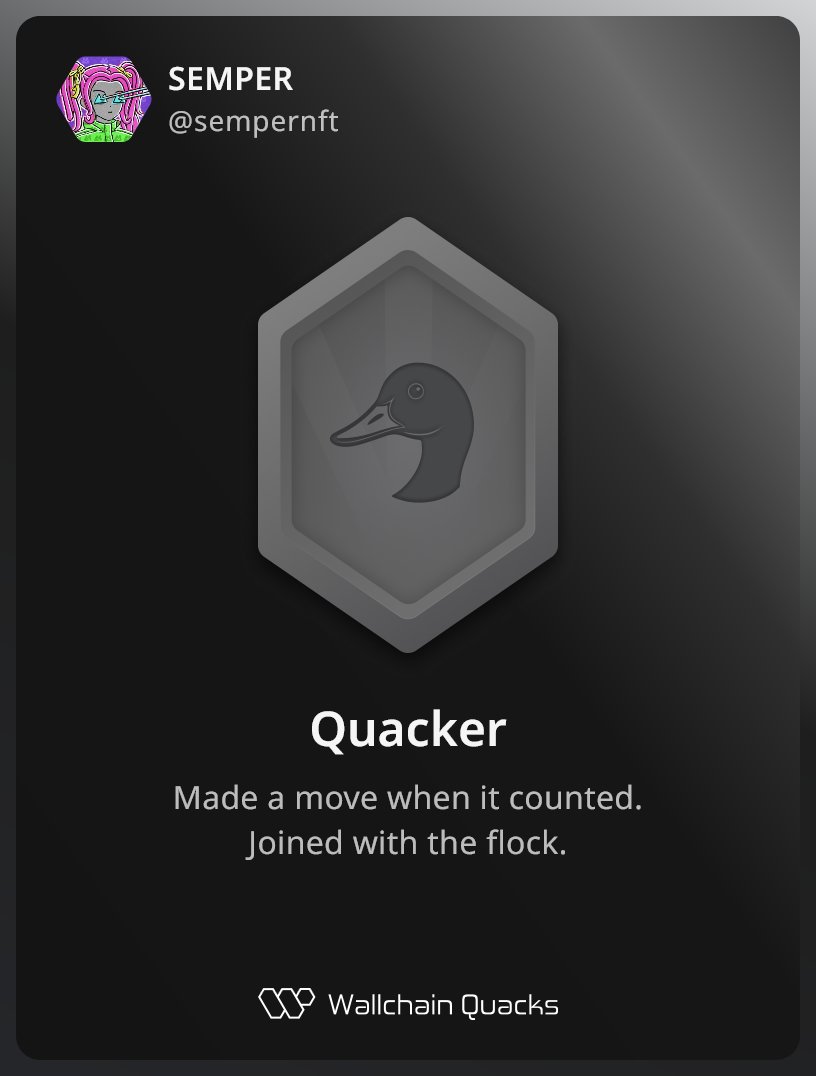Just unlocked the Quacker on @wallchain_xyz 🏆

How cool is that?

Feels great to have my contributions recognized.

How’s Wallchain Quacks been treating you so far?

Not on board yet? Drop a comment for an invite 👇🦆