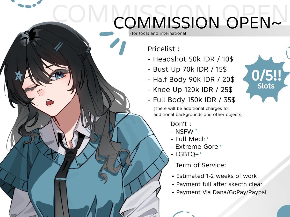 [ OPEN COMMISSION!!! ] ~
✨ Hey Hello There! Come if you're interested :33

— RT and Like are really appreciated!!

You can order via DM! I'll be waiting for you! &lt;3
#opencommission #zonauang #artidn #zonajajan