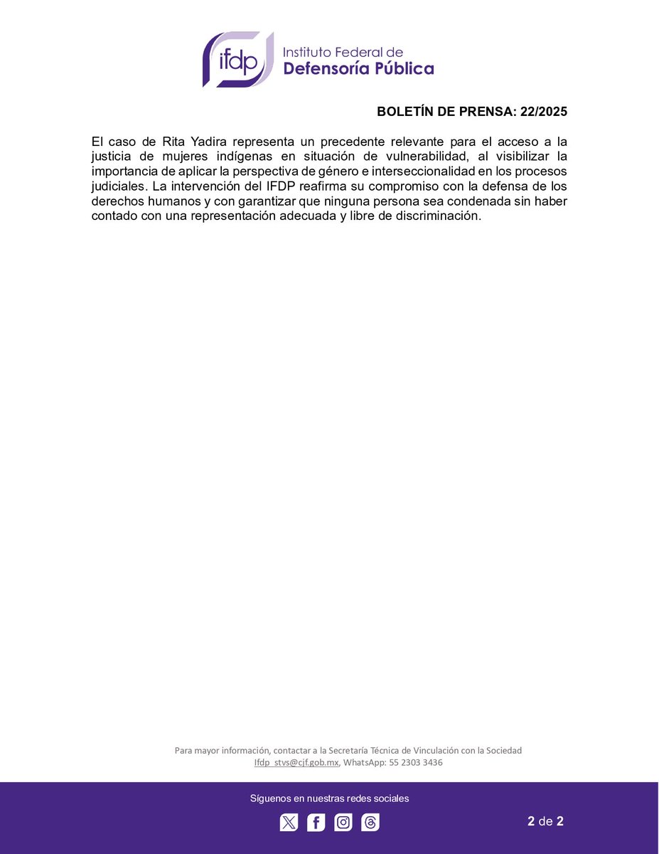 🟣 Rita, mujer rarámuri, recupera su libertad tras casi una década en prisión.

Privada de la libertad durante más de nueve años por un proceso sin perspectiva de género ni defensa adecuada, Rita vuelve a casa, gracias al trabajo de la <a href="/defensoriaifdp/">Instituto Federal de Defensoría Pública</a> y a la resolución de la